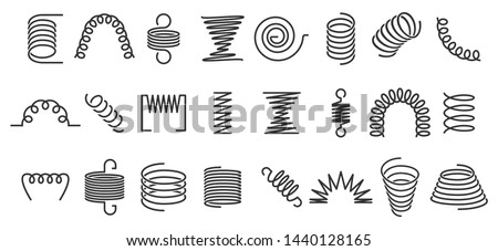Spiral spring. Flexible coils, wire springs and metal coil spirals silhouette. Vape metallic flexible coils, flexibility steel motor spiral doodle. Isolated vector icons set Royalty-Free Stock Photo #1440128165