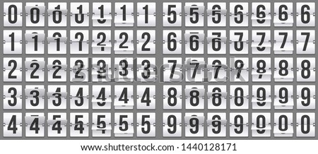 Flip clock numbers. Retro countdown animation, mechanical scoreboard number and numeric counter flips. Alarm timer, score day date counter or time display numbers vector symbols set Royalty-Free Stock Photo #1440128171
