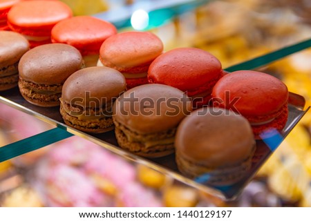 Macarons closeup inside an italian pastry.
