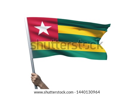 Young man holding Togo Flag in White Background, Flag of Togo.