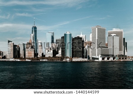View from the Hudson Strait to New York. America. High skyscrapers.