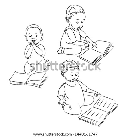Illustration of set of Baby Reading a Book