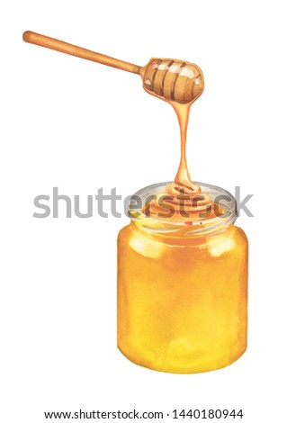 Watercolor golden honey flowing from the dipper to the bottle. Hand painted isolated design