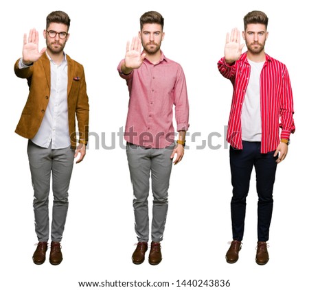 Collage of handsome young business man over white isolated background doing stop sing with palm of the hand. Warning expression with negative and serious gesture on the face.
