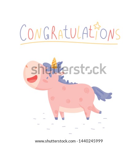 Illustration with cute cartoon unicorn with had draw lettering.