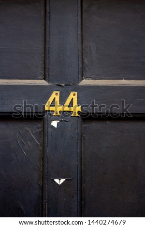 House number 44 with the forty-four on a cross of wood in the center of a black old & dusty front door