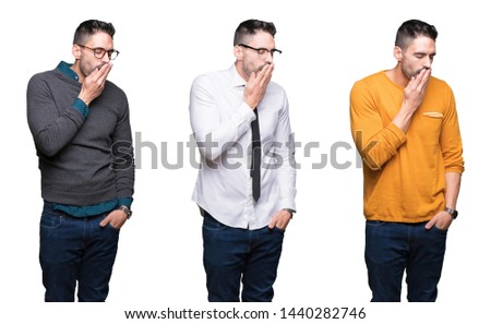 Collage of handsome man over white isolated background bored yawning tired covering mouth with hand. Restless and sleepiness.