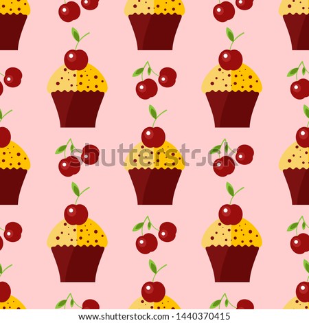 Seamless pattern with cupcakes and cherries on the light pink background. Endless food texture for design.