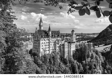 Neuschwanstein, summer sunrise landscape panorama picture of the fairy tale castle near Munich in Bavaria, Germany
