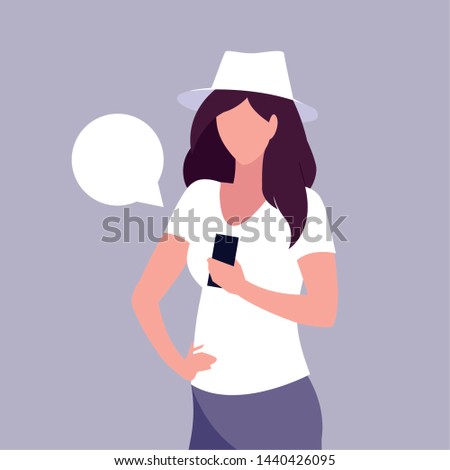 young woman using smartphone with speech bubble