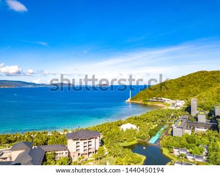 Sunny Bay Aerial View with Luxury Resorts and Private Villas, Neighboring Yalong Bay in Sanya, Hainan, China. 