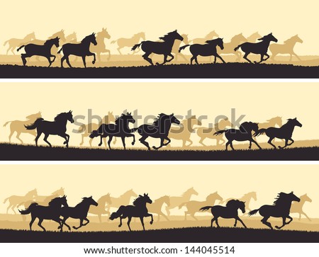 Horizontal vector banner: silhouette herd of horses.
