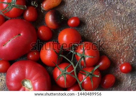 tomatoes background. different varieties of tomatoes, small cherry and large tomatoes.  Organic Farm 