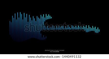 Vector electric guitar shape by equalizer strip line pattern blue color isolated on black background. In concept of music.