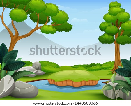 Background scene with mountain and pond