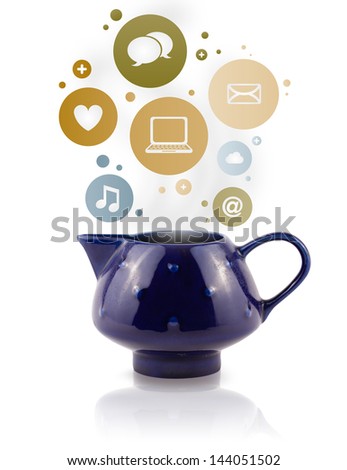 Coffe pot with social and media icons in colorful bubbles, isolated on white