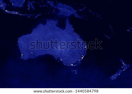 Australia and New Zealand lights map at night. View from outer space. Elements of this image are furnished by NASA
