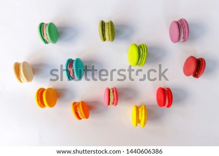 Macaroon, Cake Macaron on White Background from Above, Colorful Almond Cookies, Pastel Colors, Top View