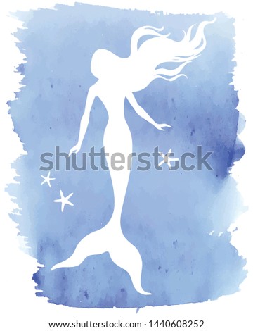 Mermaid  silhouette, hand drawn vector  illustration isolated on blue watercolor spot, logo, t-shirt design.
