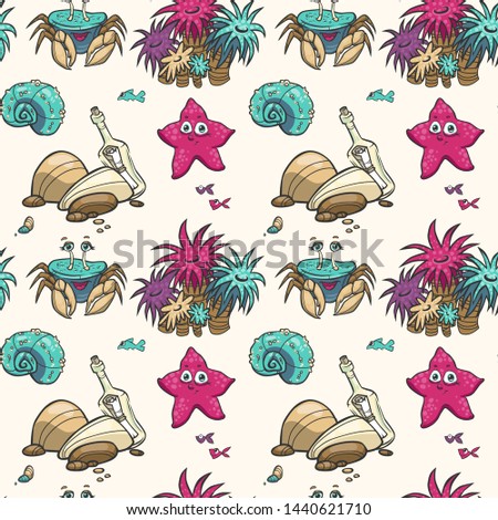 Vector seamless underwater pattern with funny characters, anemone and bottle. Cartoon style on white background