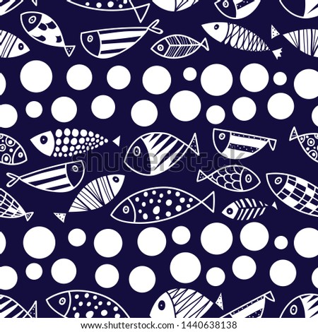 Cute fish and polka dots. Kids line background. Seamless pattern. Can be used in textile industry, paper, background, scrapbooking.