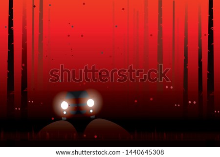 vector red car driving on the local road on dark red forest  . holloween background
