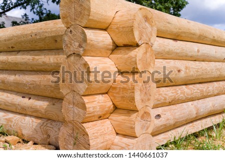Construction of the wooden house from round logs.  Blockhouse logs close up. Royalty-Free Stock Photo #1440661037