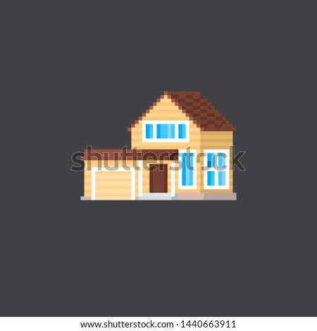 Private suburban house. Pixel art. Old school computer graphic. 8 bit video game. Game assets 8-bit sprite.