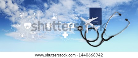 international medical travel insurance concept, stethoscope, passport and airplane, with icons and symbols isolated on white background