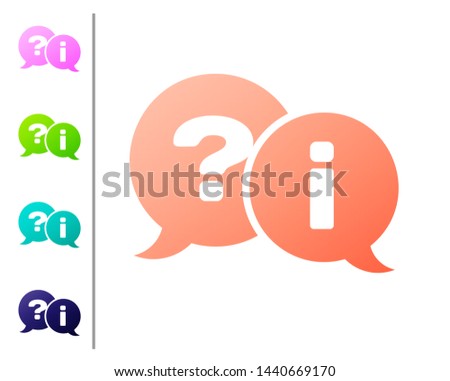 Coral Speech bubbles with Question and Exclamation icon isolated on white background. FAQ sign. Copy files, chat speech bubble and chart. Set color icons. Vector Illustration