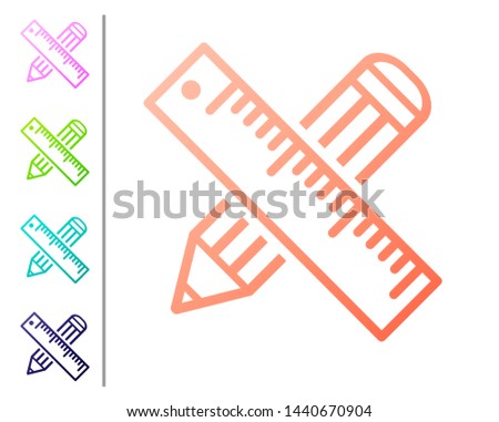 Coral Crossed ruler and pencil icon isolated on white background. Straightedge symbol. Drawing and educational tools. Set color icons. Vector Illustration