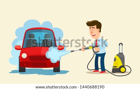 Self service car wash. Man washes a vehicle with high pressure device. Vehicle maintenance and care. Vector illustration, flat design, cartoon style. Isolated background. Front view.