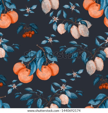 Watercolor seamless pattern with hand drawn citrus and cherry branchs. Beautiful summer print. Surface design.