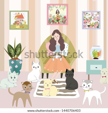 beautiful girl and kitty cat in the living room cartoon,illustration vector doodle comic art for any card.