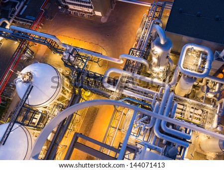piping system in industrial plant from above Royalty-Free Stock Photo #144071413