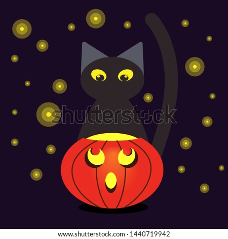 Pumpkin and black cat at night with lights of fireflies. Illustration for Halloween. Cartoon style