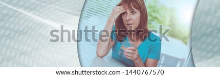 Mature woman having a headache at home, light effect; panoramic banner