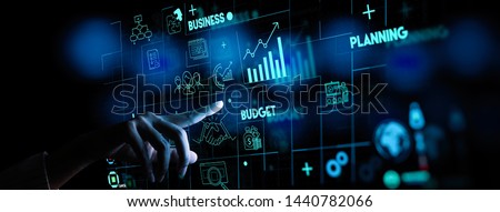 Project manager hand and management skills on computer Ui with icons of planning schedule of tasks and deliverables, budget, team work strategy. Royalty-Free Stock Photo #1440782066