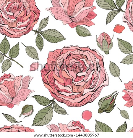 Seamless pattern. Pink roses on white background. Retro style. Good design for printing, postcard, Wallpaper, packaging.