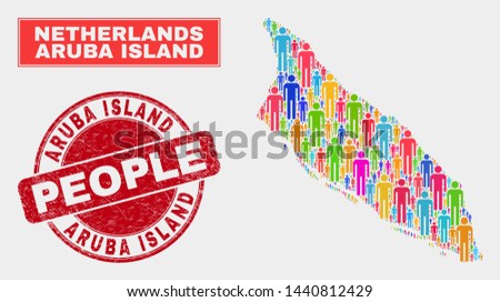Demographic Aruba Island map illustration. People color mosaic Aruba Island map of humans, and red rounded grunge stamp. Vector combination for national group report.