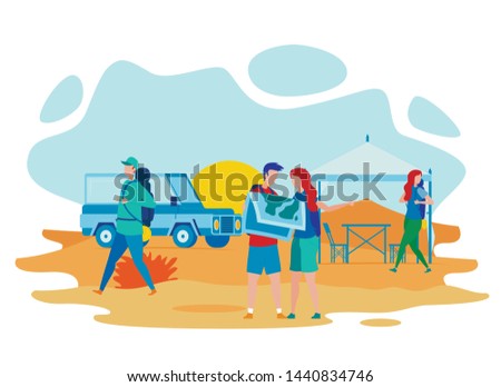 Hiking, Educational Expedition Flat Illustration. Students Road Trip, Active Tourism. Young Cartoon Vector Characters Searching Route, Destination with Map. Tourist and Car in Campsite Area