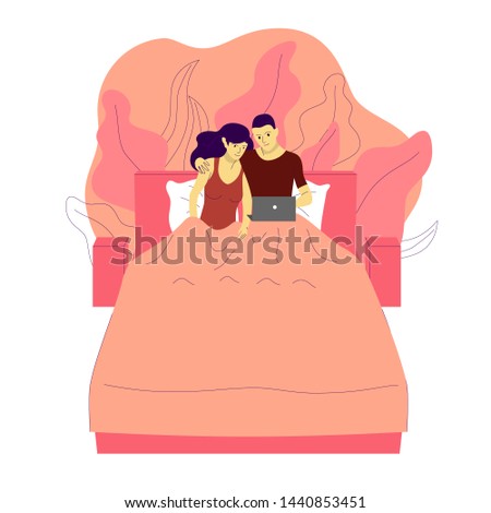 couple is laying under a blanket on a bed and watching movie on laptop. Isolated on white background. Flat style stock vector illustration banner.