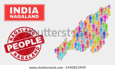 Demographic Nagaland State map illustration. People bright mosaic Nagaland State map of guys, and red rounded rubber stamp. Vector combination for population mass representation.