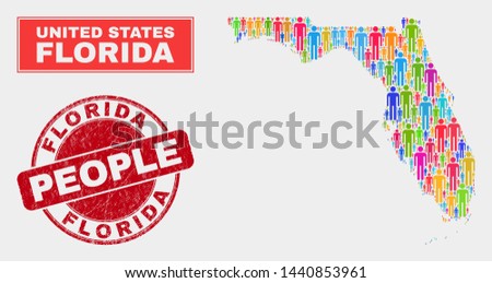 Demographic Florida State map abstraction. People bright mosaic Florida State map of persons, and red round unclean stamp seal. Vector collage for national mass presentation.