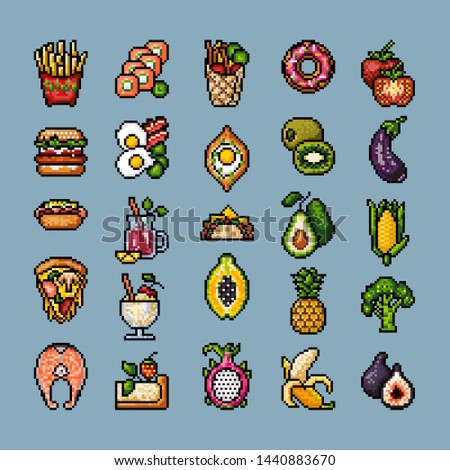 Pixel art. Icons. Food. Vegetables, fruits and snacks.