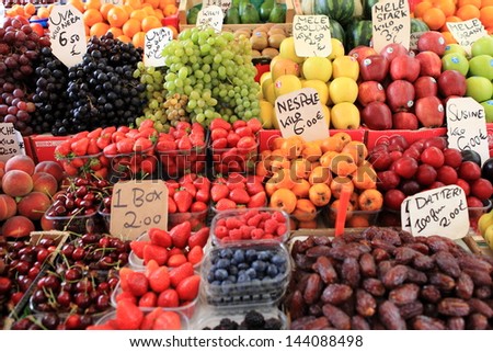 Fruits and vegetables at a farmers market Royalty-Free Stock Photo #144088498