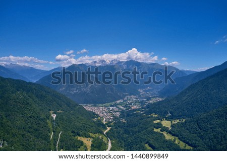 Aerial photography with drone. Panoramic view of the Alps north of Italy.
