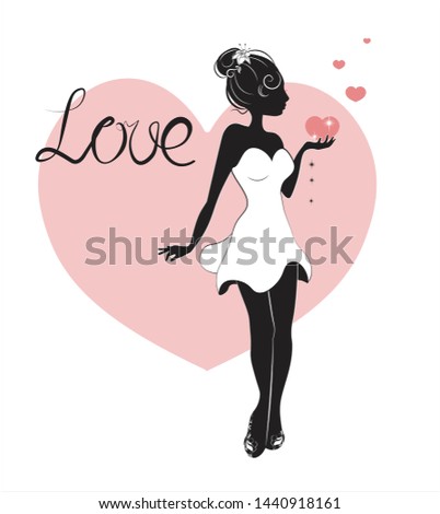 silhouette of the girl with pink heart, on heart background, Valentines Day card