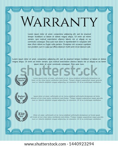 Light blue Formal Warranty Certificate template. Complex background. Detailed. Money design. 