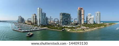 Aerial panoramic view of South Miami Beach during sunny day - Stitched from 5 images